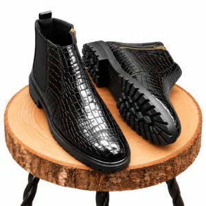 Crocodile Leather Zipper Chelsea Boot Black